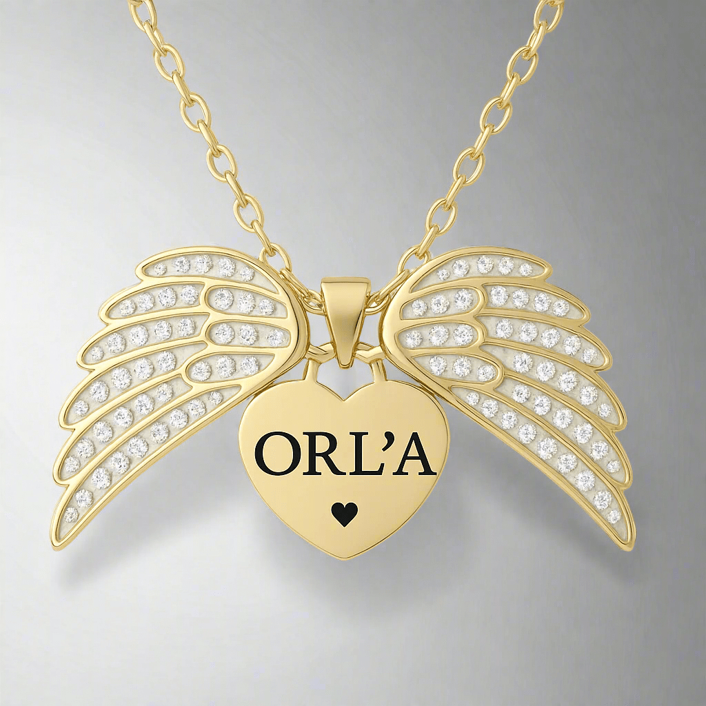 Personalized heart pendant with angel wings in gold with chain on a white background