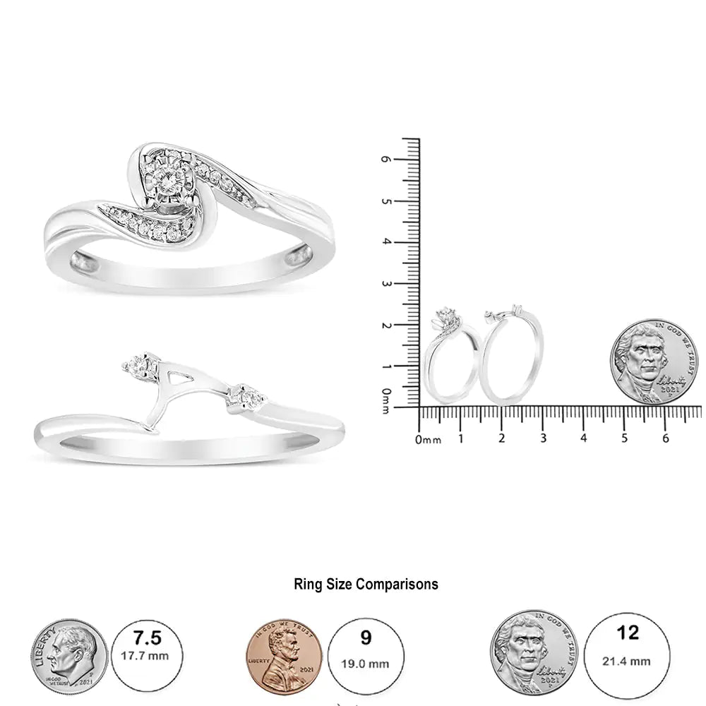 Two ORLA diamond rings shown on a measuring scale with ring size comparison using coins.