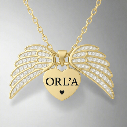 Personalized heart pendant with angel wings in gold  with chain on a white background