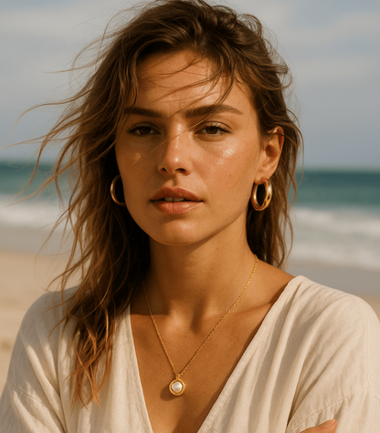 Close-up of Orla Jewelry Store pearl pendant necklace worn by model — showcasing round pearl detail and minimalist elegance