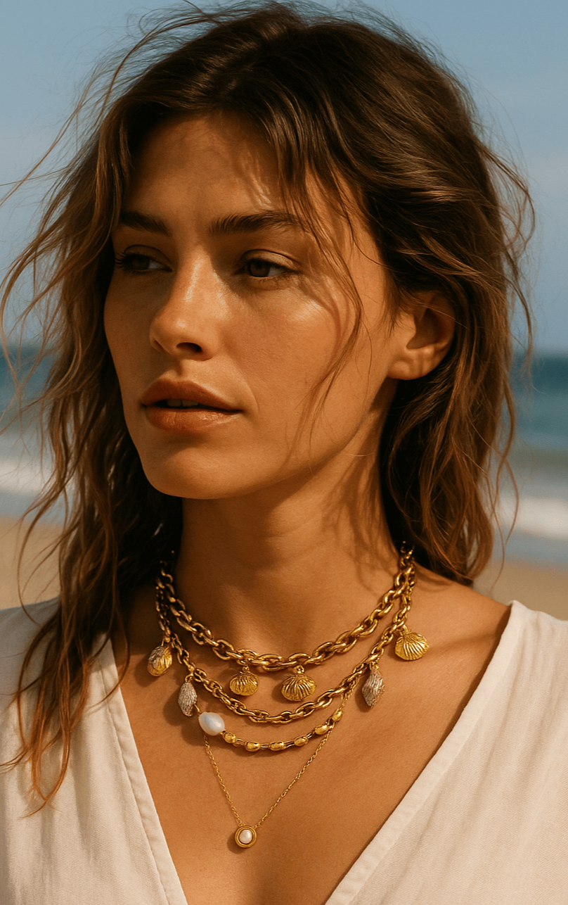 Model wearing Orla Jewelry Store pearl pendant necklace layered with other gold chains — perfect for stacked, modern coastal style