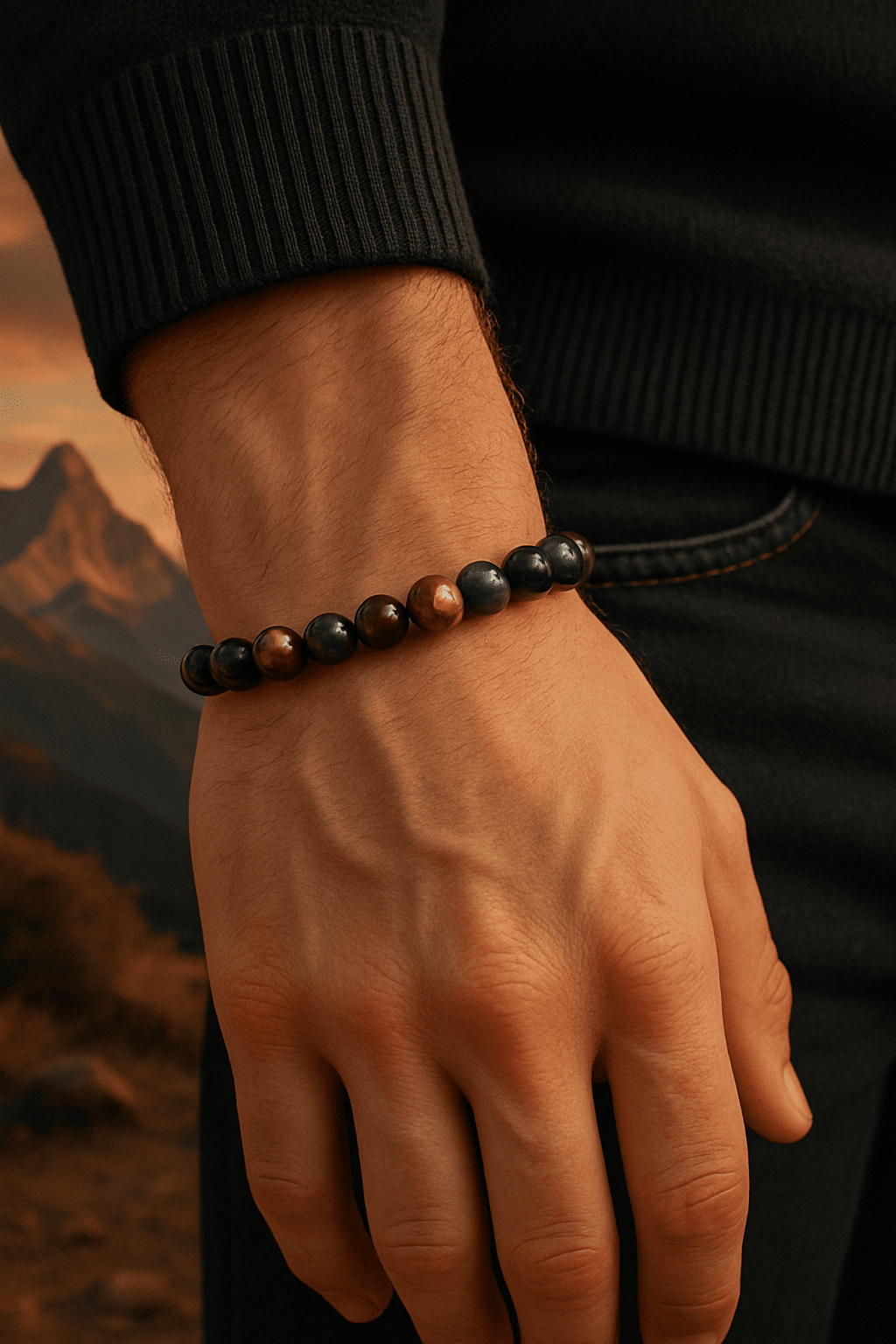 The Grounded One bracelet by ORL'A Jewelry Store worn on a man's wrist with a mountain backdrop, symbolizing strength, focus, and grounded energy