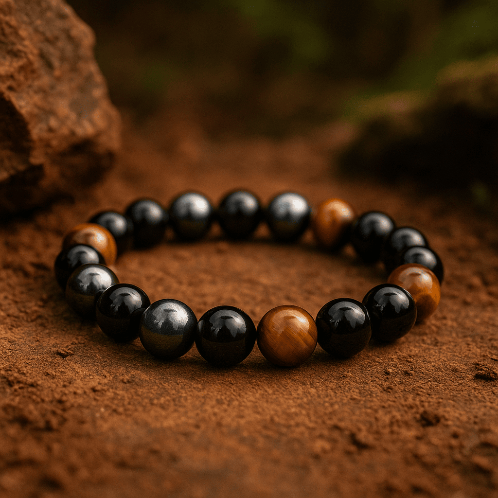 Handmade Tiger Eye and Black Stone bracelet by ORL'A Jewelry Store, designed for protection, clarity, and inner strength.